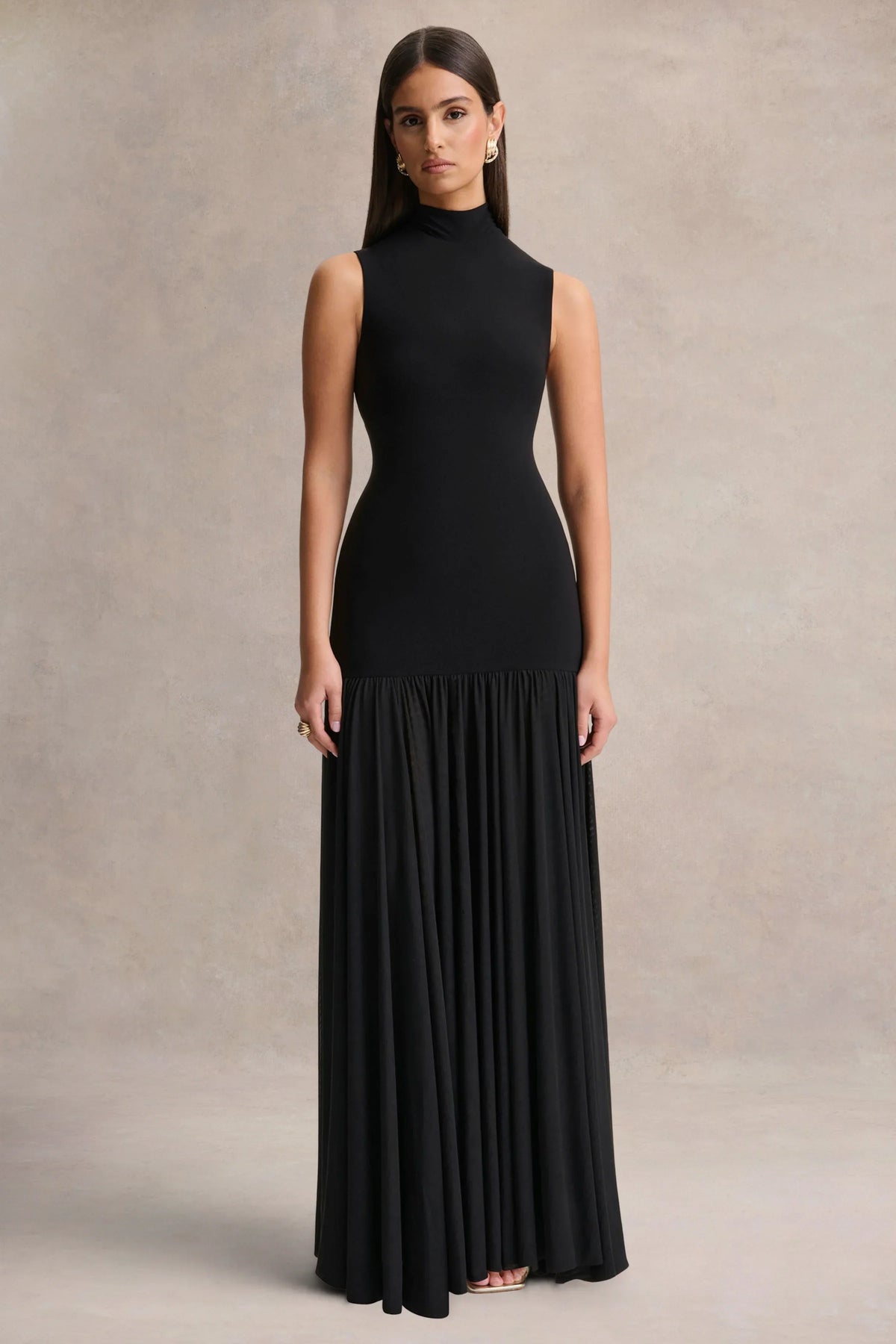 Gigi | Black High-Neck Maxi Dress With Drop-Waist And Sheer Skirt