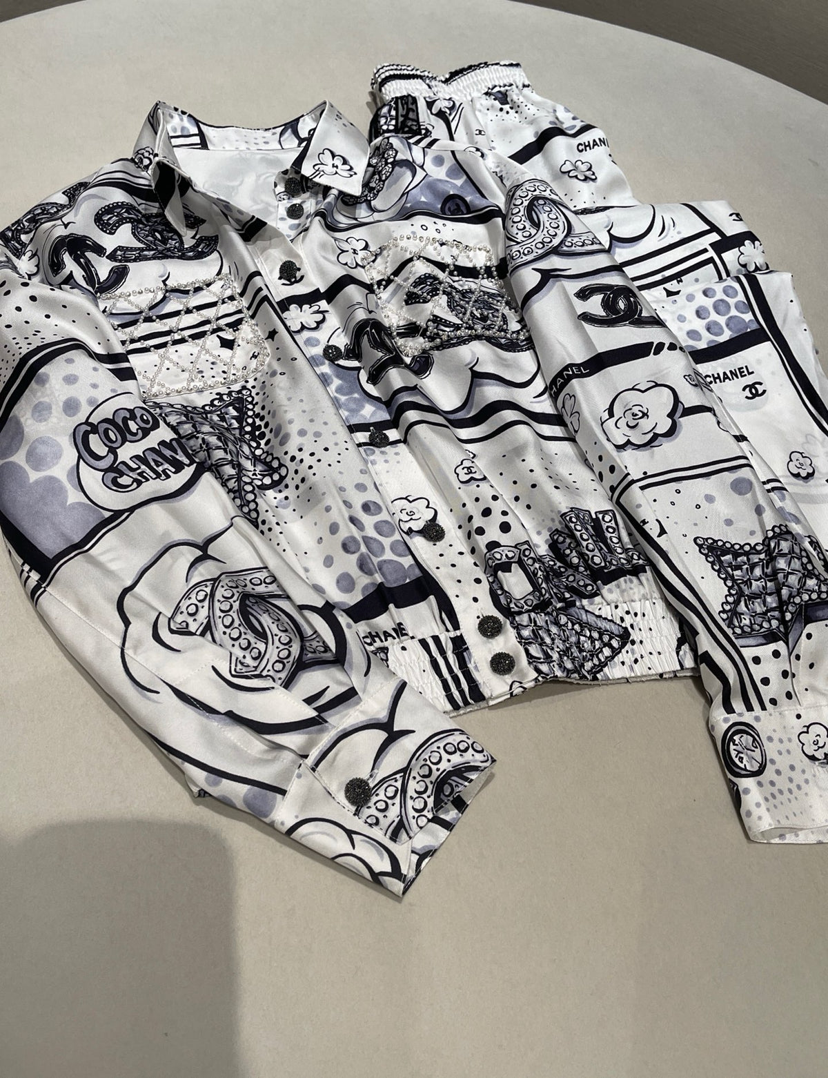 Chanel Hand-painted Camellia Silk Stretch Casual Pants Shirt #377175