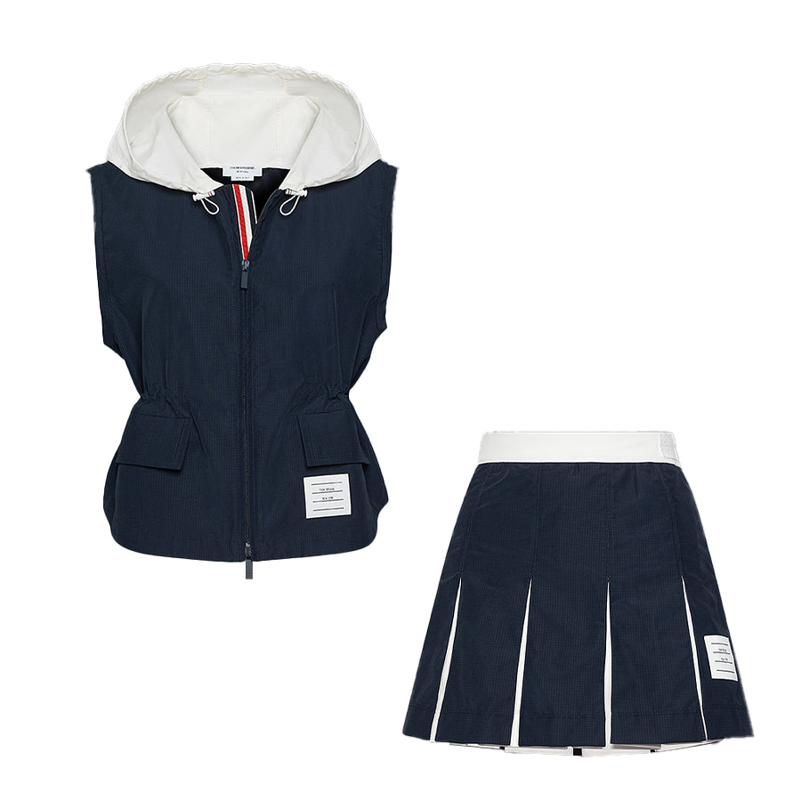 L  Women's Spring/Summer Drawstring Color-Block Sleeveless Zipper Hooded Vest And Casual Pleated Mini Skirt