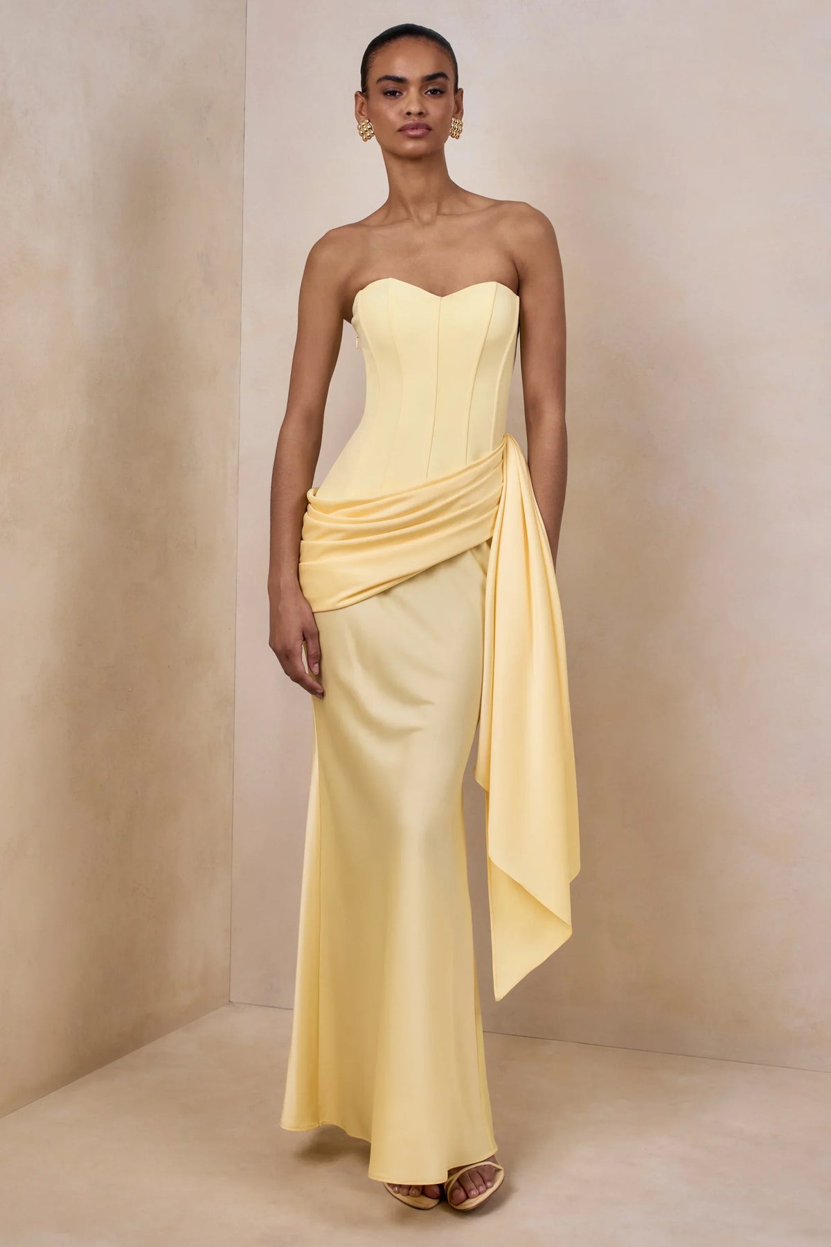 Oakley | Lemon Satin Bandeau Maxi Dress With Draped Skirt