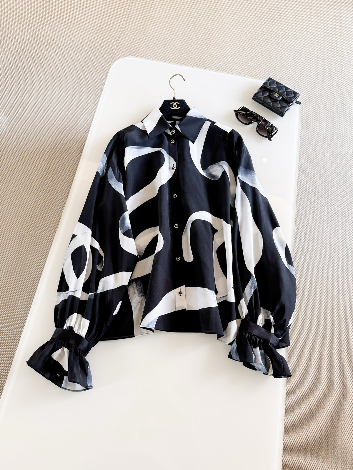 Chanel Graffiti Lapel Lace Sleeves Silk Shirt #376309