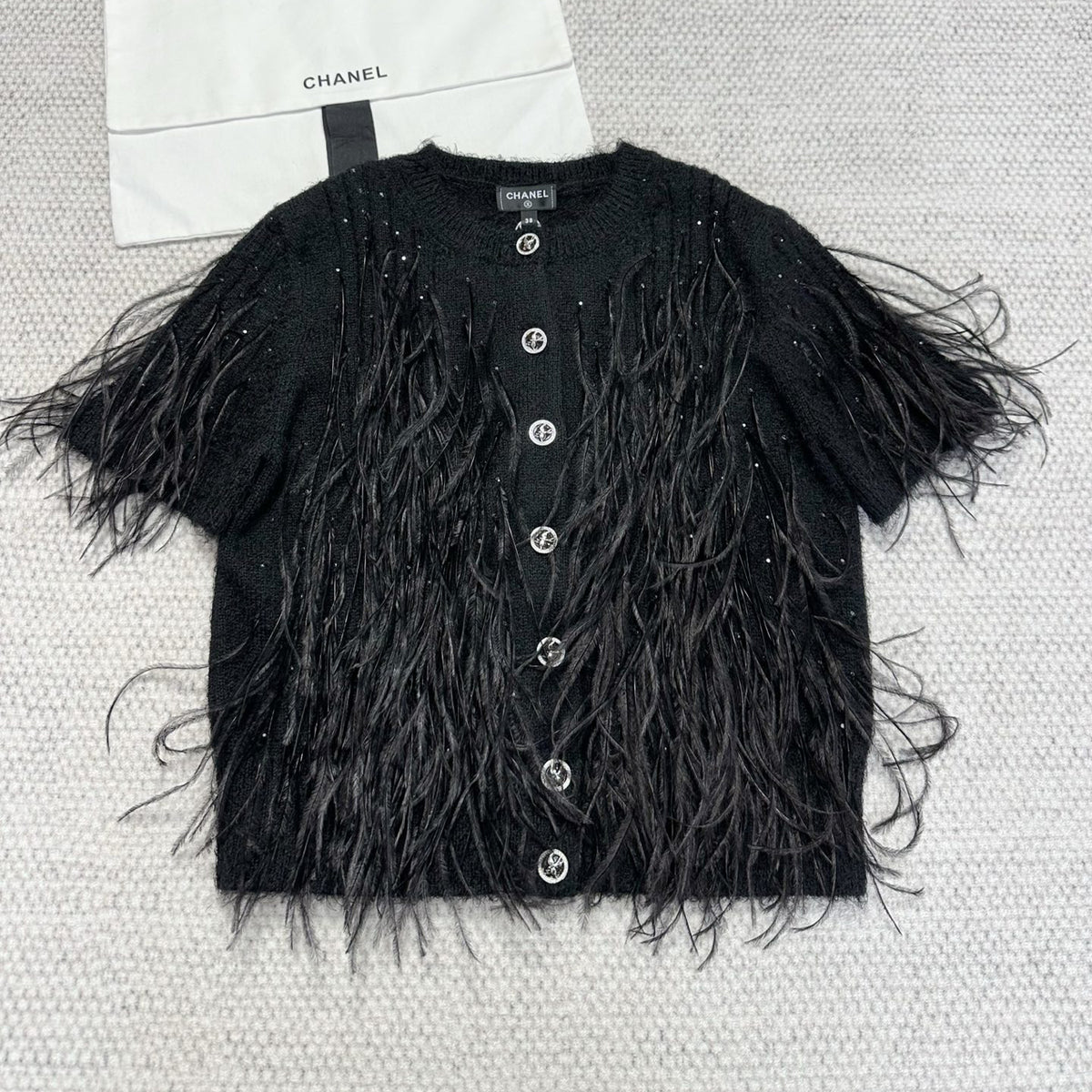 Chanel Women's Spring And Summer Feather Tassel Knitted Cardigan Top Fashion Elegant Single-breasted Round Neck Blouse Ngvp #1718