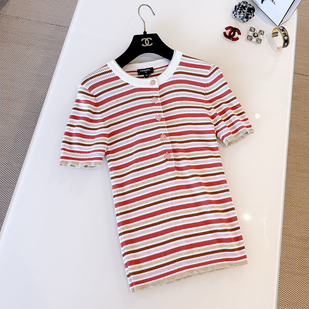 Chanel Short-sleeved Top Cotton Mixed Fibers Pink Red Green #335461