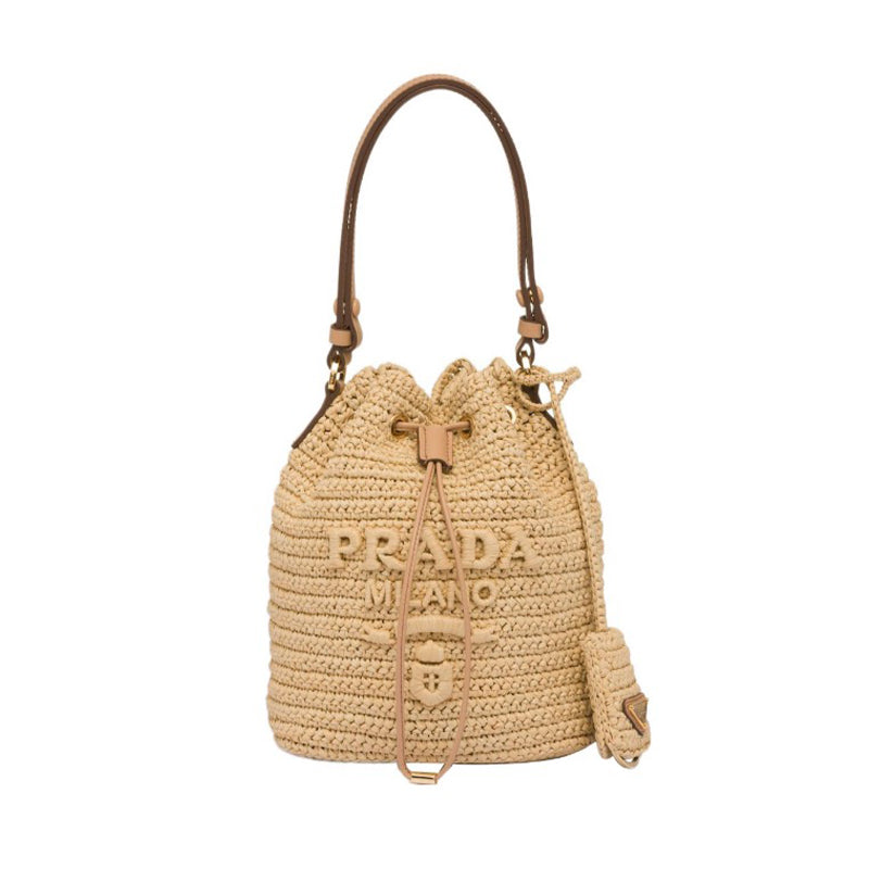 Prada Women's Logo Embroidered Adjustable Detachable Shoulder Strap Lafite Grass Patchwork Leather Bucket Bag Mini Handheld One Shoulder Crossbody Bag #98284