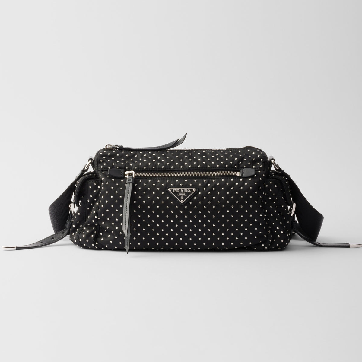 Prada Women's Metal Triangle Label Zipper Closure Rivet Finish Nylon Shoulder Crossbody Bag Bags #74989