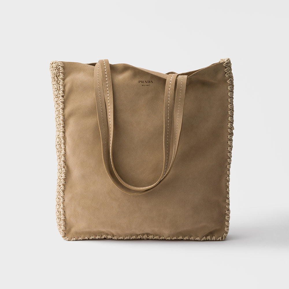 PRADA Cocoa Brown Large Suede And Crochet Tote Bag #388272