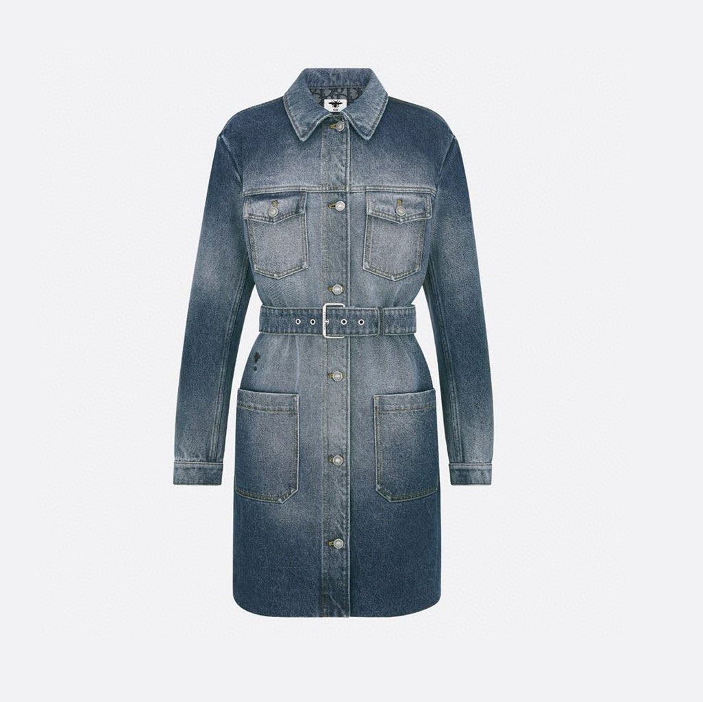 Dior Women's Spring/Fall Fashion Casual Midi Length Single Breasted Collar Print Belted Long-Sleeve Denim Skirt Dress #78947