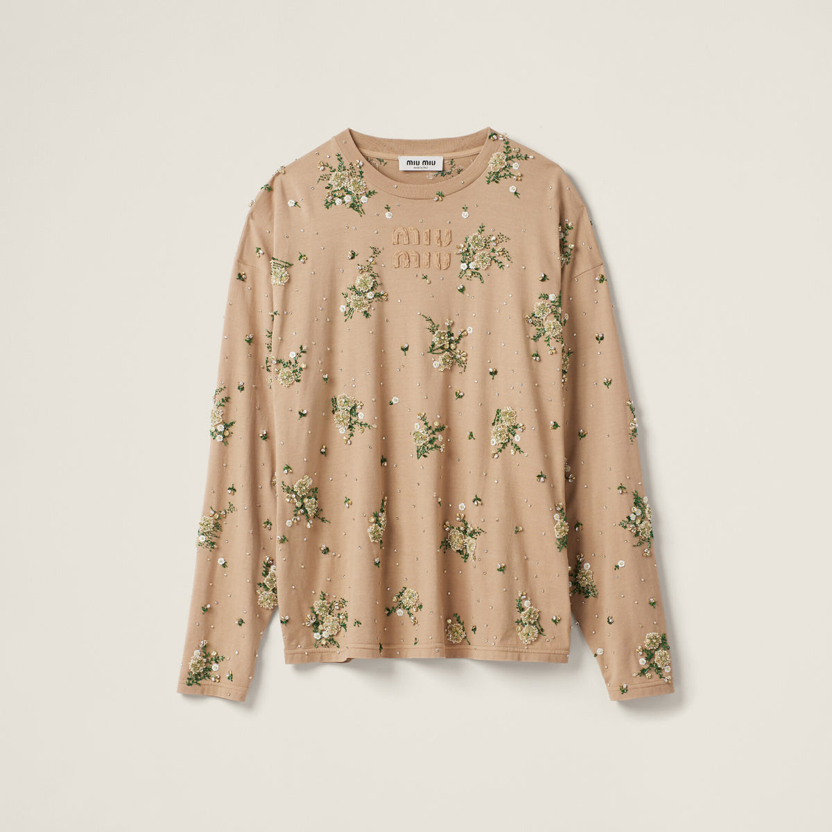MiuMiu Women's Spring/Fall Fashion Casual Crewneck Pullover Hand-Embellished Rhinestone Floral Long-Sleeve T-Shirt #78789