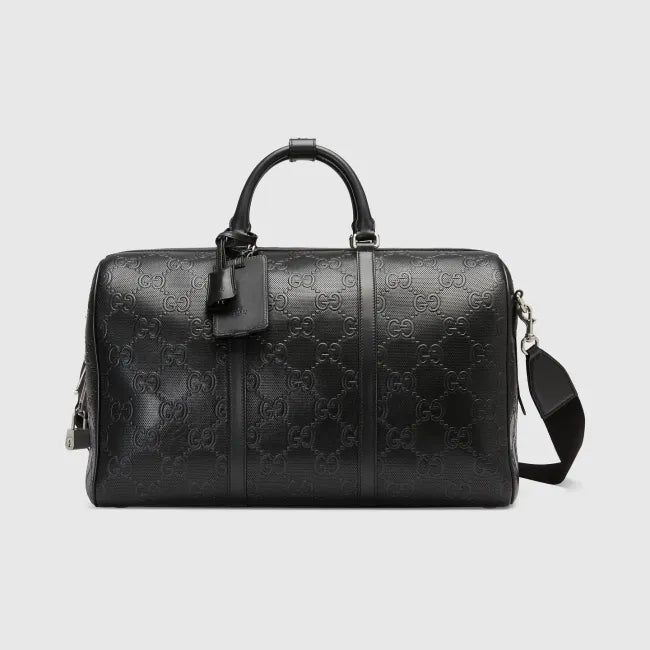 Gucci Black Leather Print Embossed Travel Bag Bags #4883
