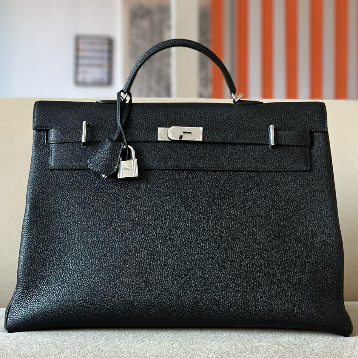 Hermes Men's Women's Four Seasons Large Bag Black Silver Buckle Kylie Handbag Tote Bag #98265