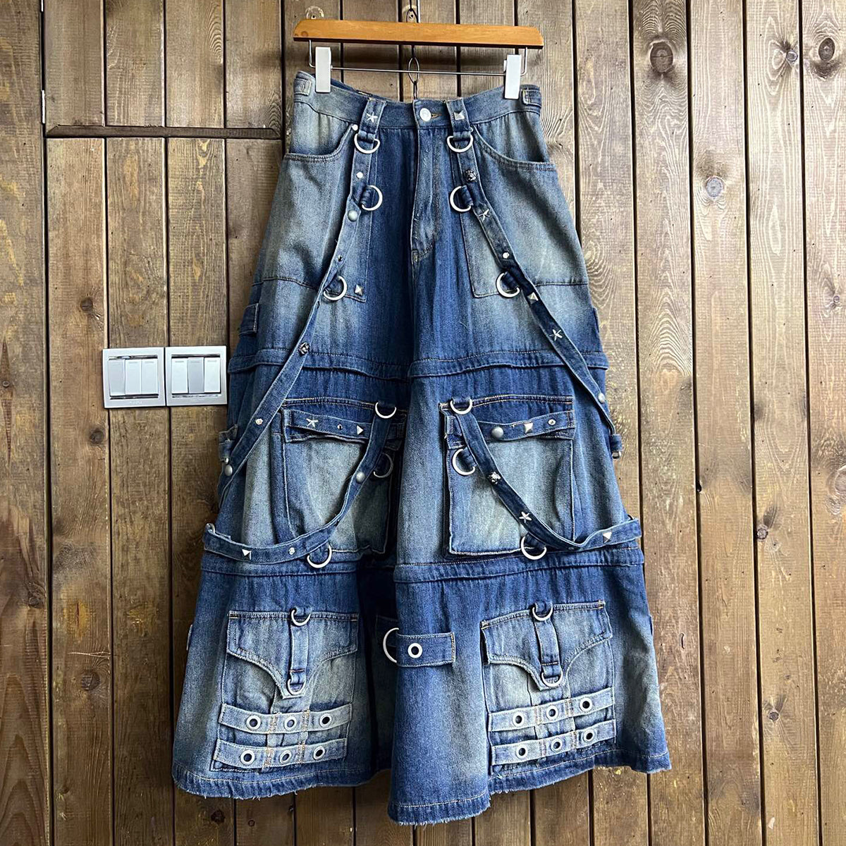 Balenciaga Men's Skirt Vintage Rivets Straps Detachable Denim Skirt High Street Ragged Trend Punk Style Jeans Pants #71841