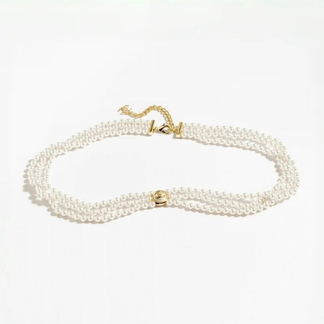 Chanel 24A Gold Button Double C Pearl Triple Layer Waist Chain #302519