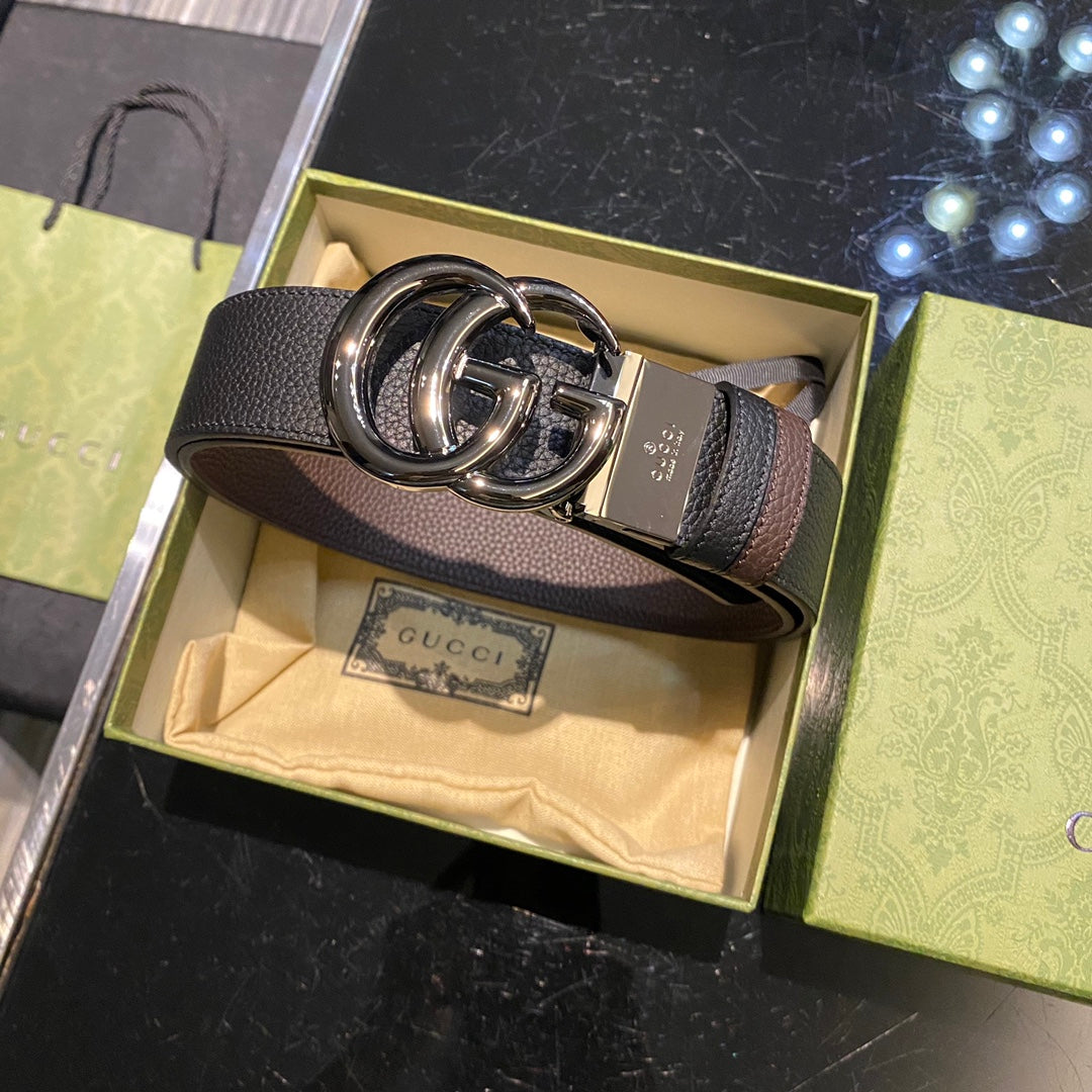 Gucci Men's Gold Logo Smooth Buckle Black Leather Thin Belt Width 3.8cm #72694