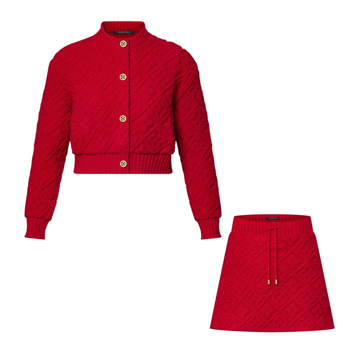Louis Vuitton Women's Spring And Autumn Solid Color Single Breasted Ribbed Round Neck Long Sleeved Single-breasted Wool Cardigan Jacket Sweater Drawstring Mid Waist Casual Skirt Suit Set #74753
