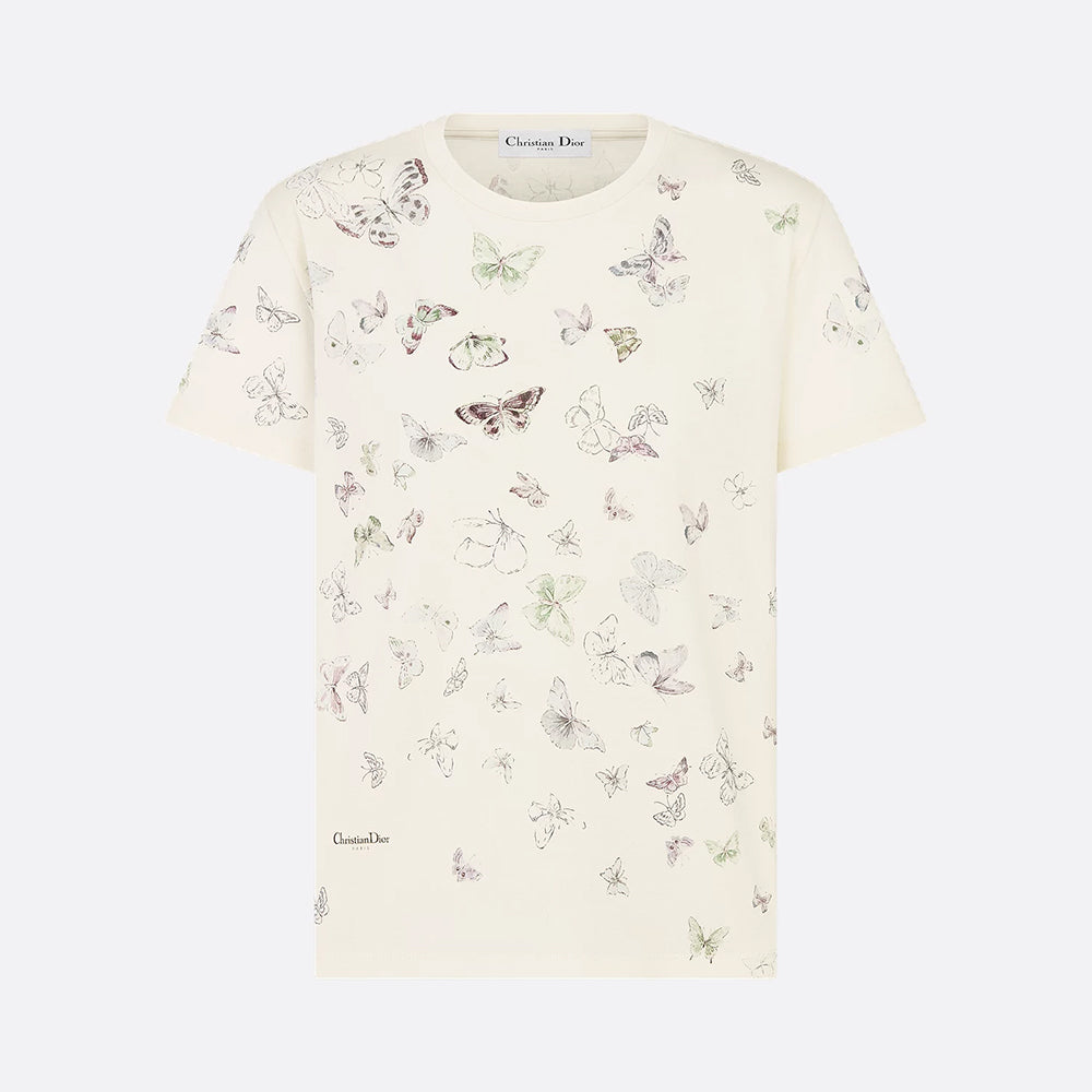 DIOR T-Shirt Beige Cotton Jersey with Multicolor Dioresque Butterfly Motif #335854