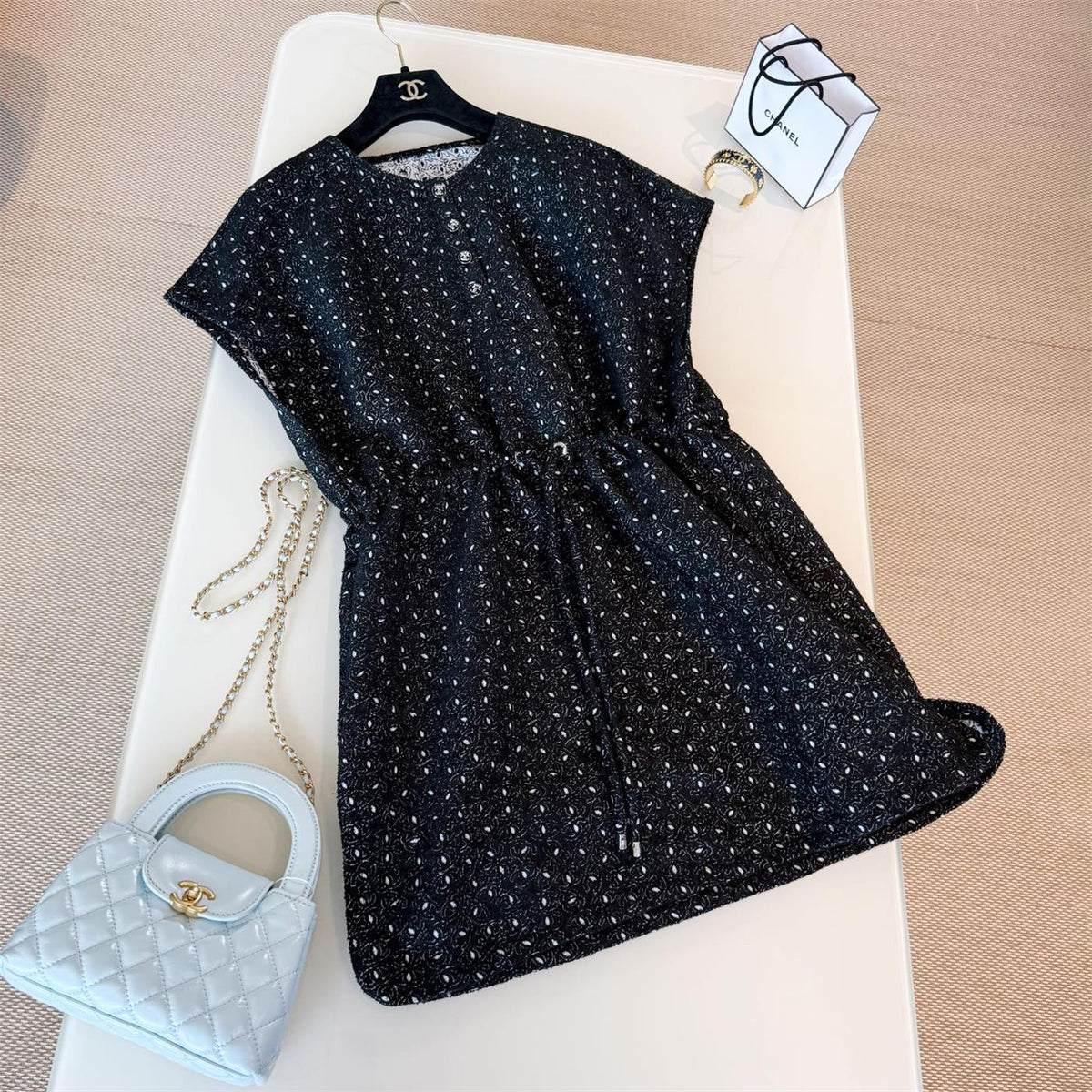 Chanel Women's Summer Solid Colour Round Neck Button-Up Waist-cinched Embroidered Logo Short Sleeve Short Dress #77939