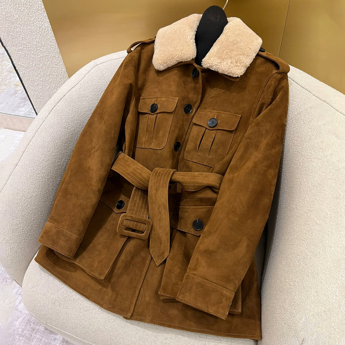 Saint Laurent Women's Fall And Winter Waisted Mid-length Suede Sheepskin Goose Down Jacket 100% South Africa Imported Mixed Suede Sheepskin Collar Lamb's Wool Removable Mid-length Jacket Ngvp #2236
