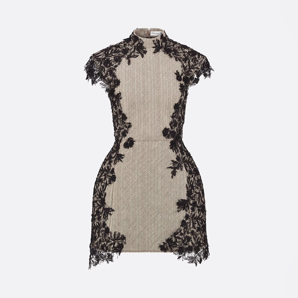 Dior Short Flared Dress Beige Horsehair-Effect Linen Blend and Black Lace #333525