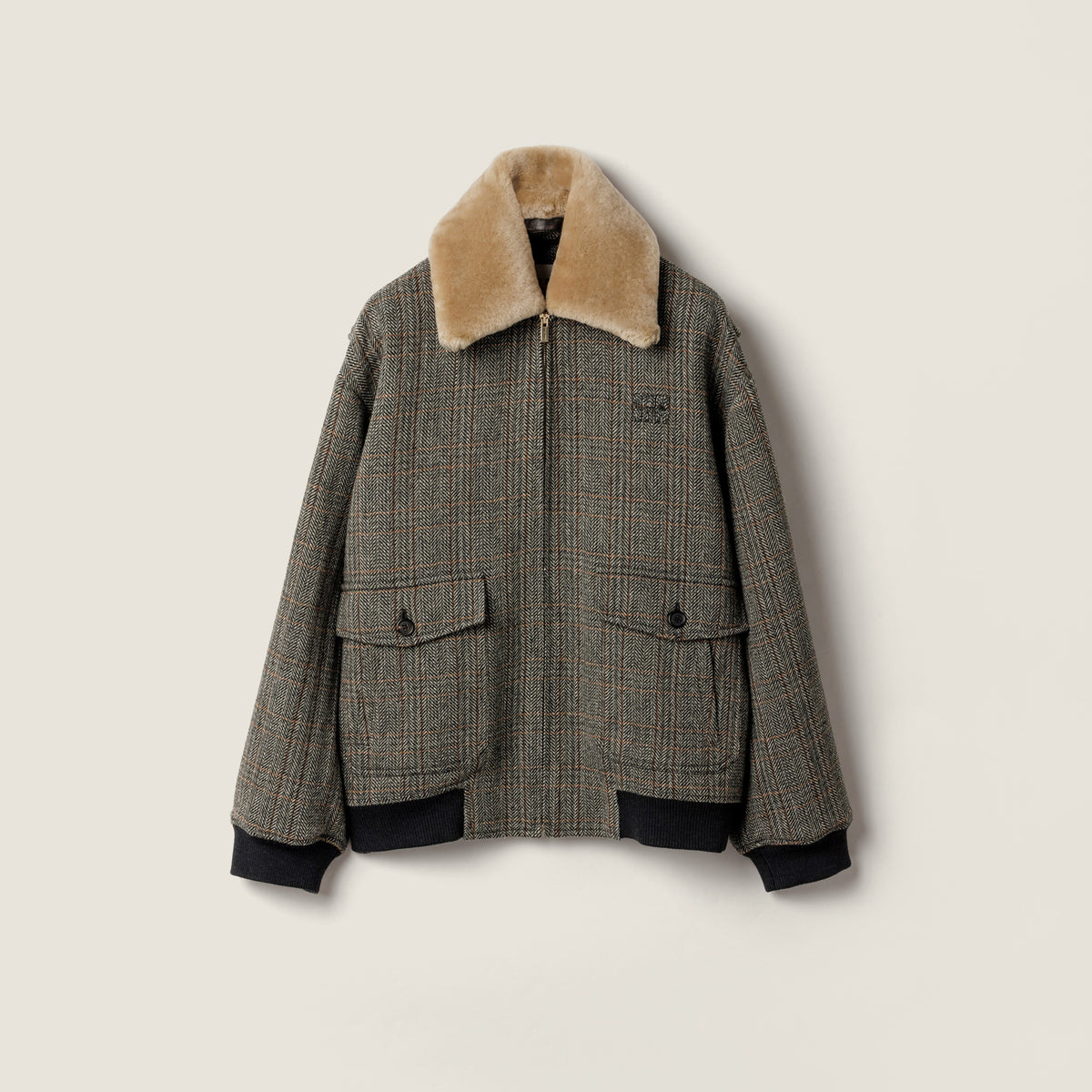 MiuMiu Women's Fall/Winter Fashion Casual Lapel Shearling Collar Zipper Long Sleeve Jacket #79545