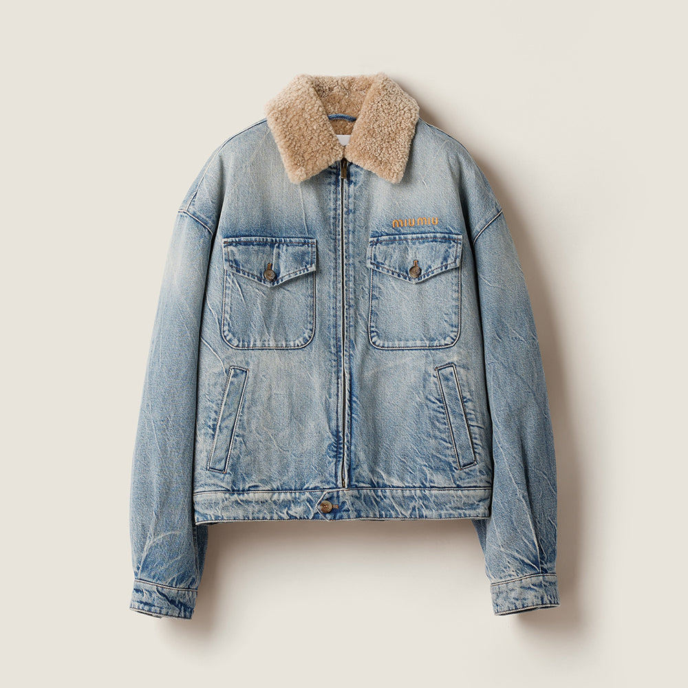MiuMiu Denim and Wool Trucker Jacket Washed Embroidery Light Blue #332979