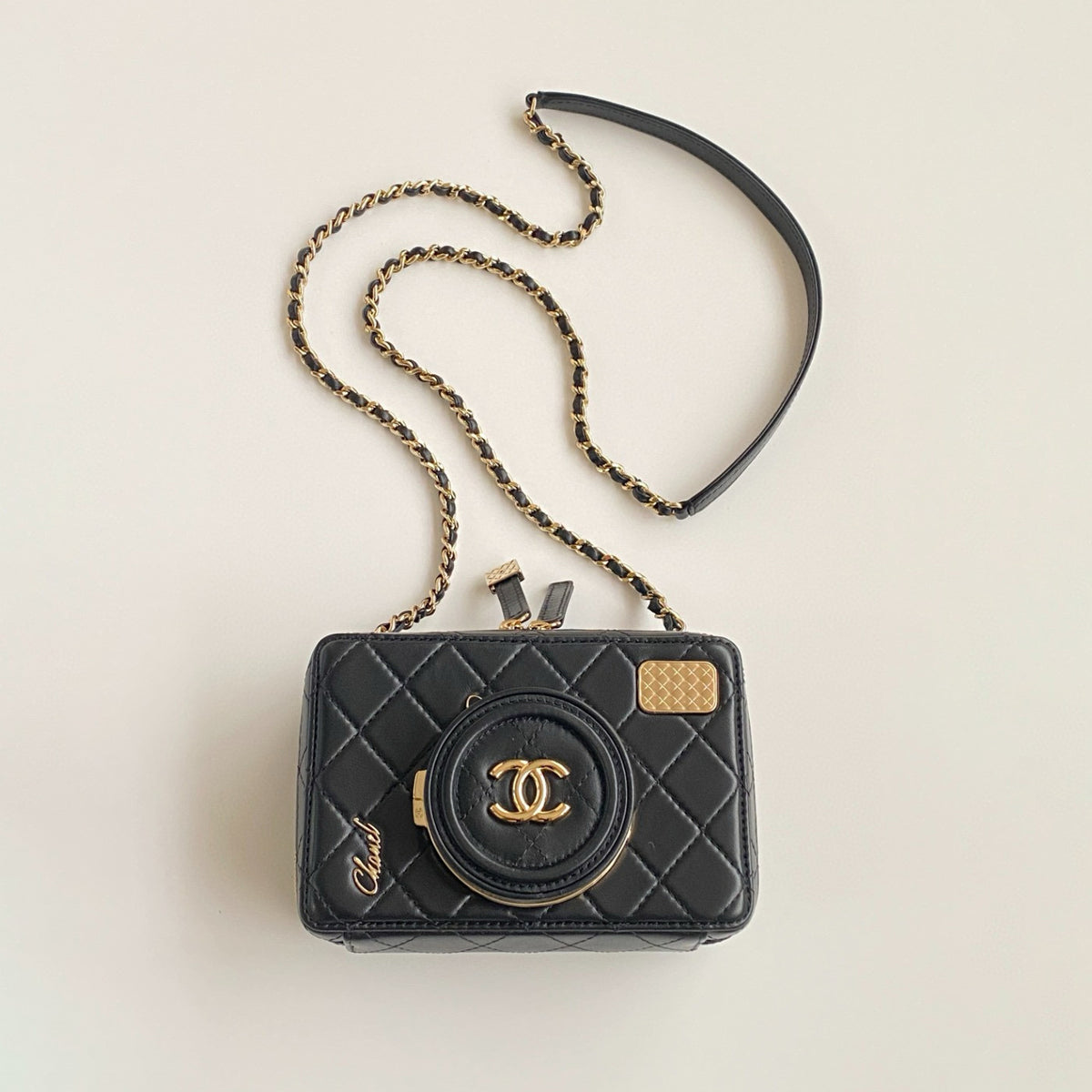 Chanel Women's Camera Shape Inside With Mirror Black Sheepskin Cosmetic Bag Small Square Bag Shoulder Crossbody Bag #98598