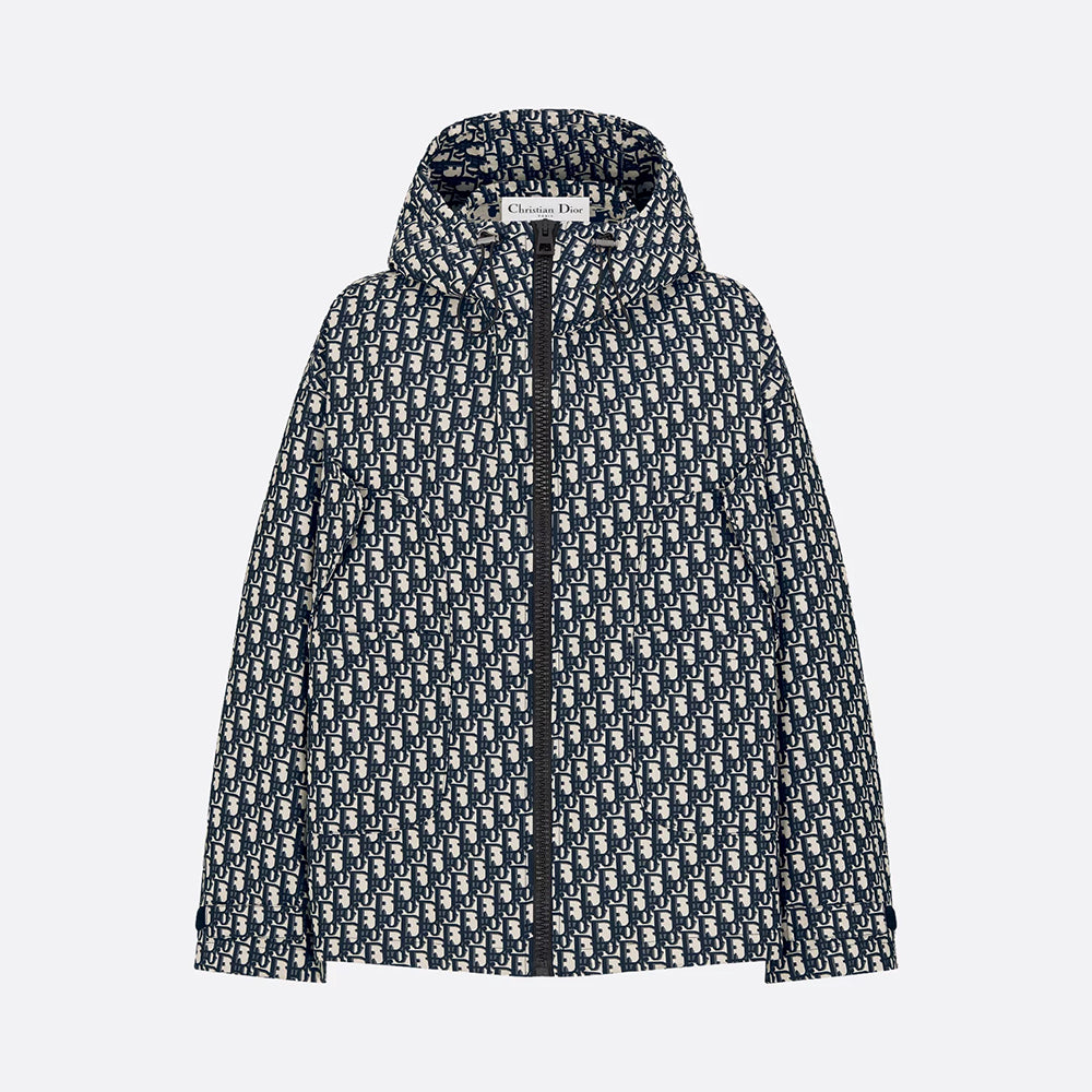 DIOR Hooded Jacket Blue Jacquard Technical Taffeta with Dior Oblique Motif #326749