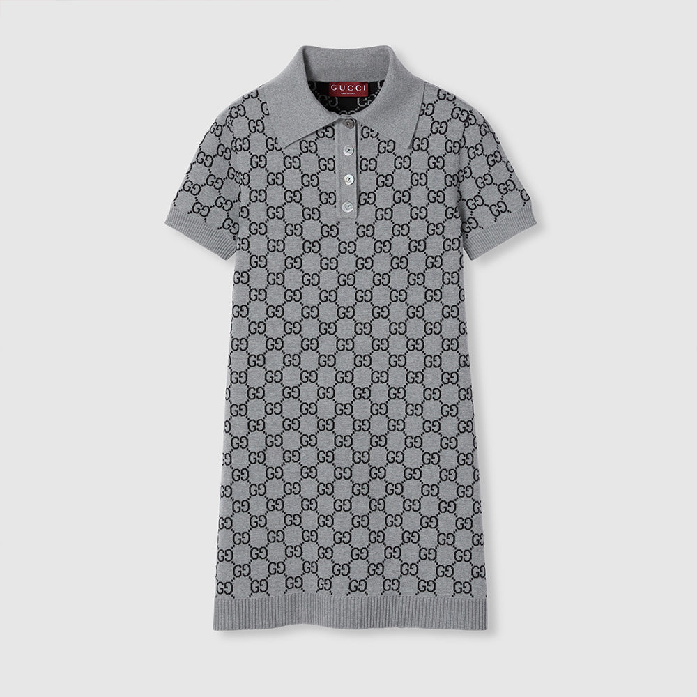 Gucci GG Wool Jacquard Polo Dress Grey Black #334214