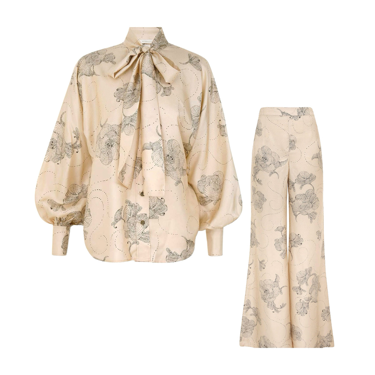 Zimmermann Women's Summer Sketch Floral Print Bow Tie Collar Solid Colour Single Breasted Silk Shirt Slim Pants Suit Set #76951