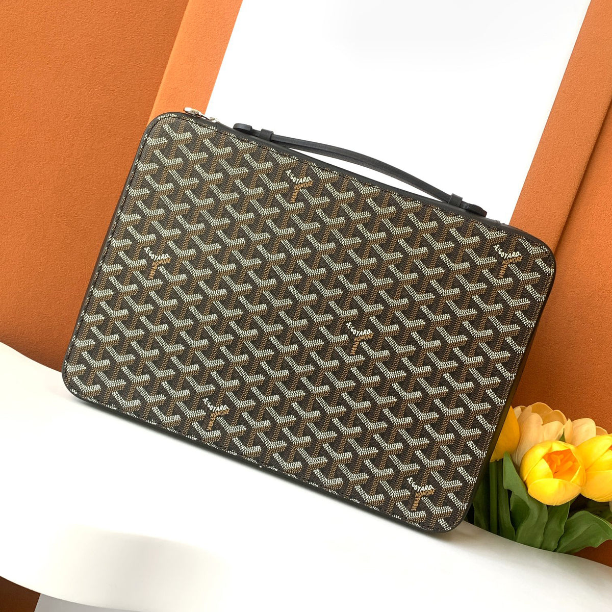 GOYARD Companion Men's Solid Color Old Flower Full Print Zipper Closure Canvas Spell Calfskin Business Bag Briefcase Bags #74812
