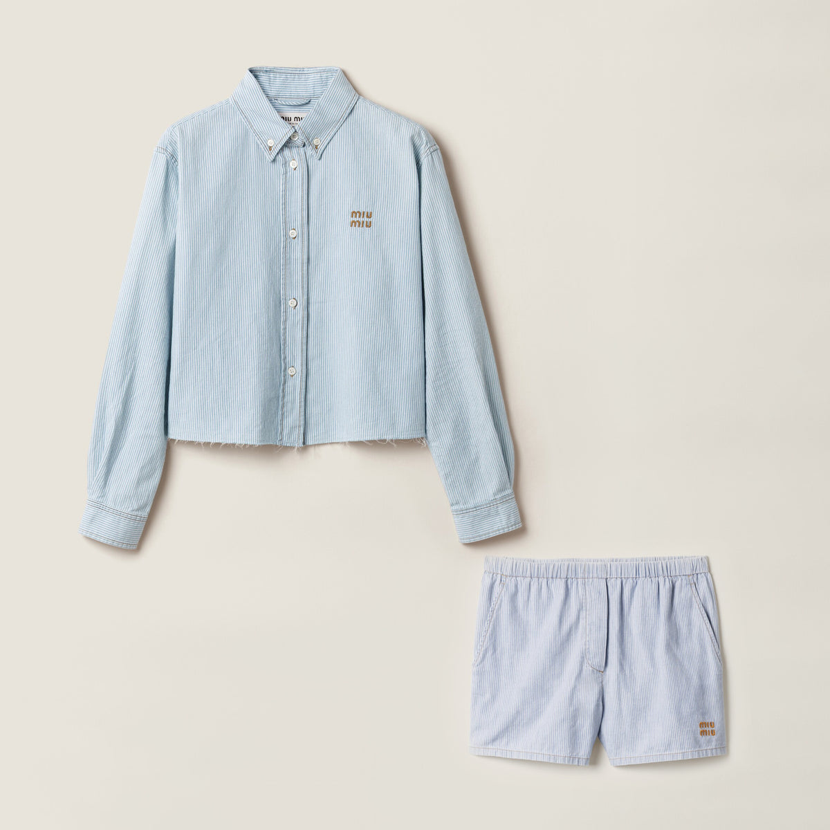 MiuMiu Women's Striped Printed Solid Colour Single Breasted Long Sleeve Denim Shirt Jacket Casual Elastic Waist Shorts Set Suit #76754