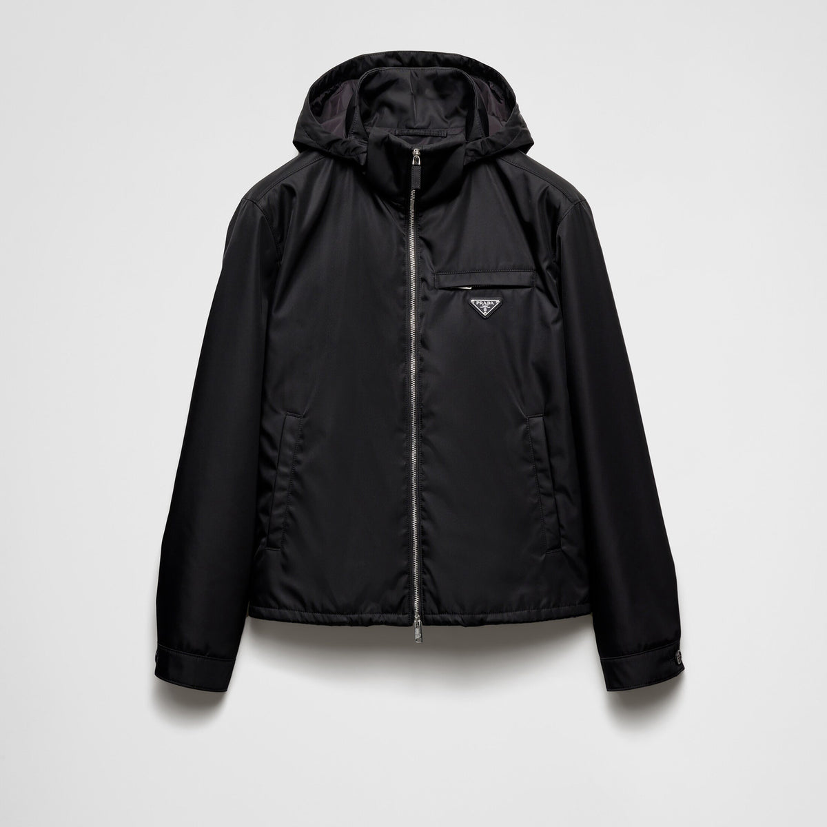 Prada Men's Fall And Winter Recycled Nylon Short Jacket Black Hooded Zipper Jacket Logo Pockets Fashion Trend Casual Jacket #81397