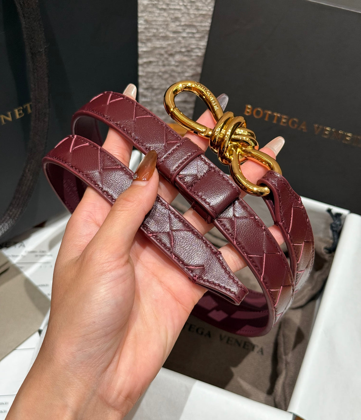 Bottega Veneta Andimo Interciato Woven Leather Metal Knot Buckle Belt #385508