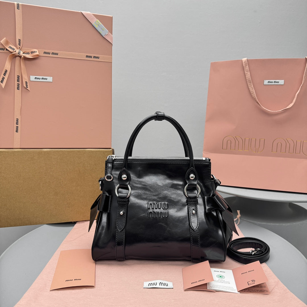 MiuMiu Black Shiny Leather Top-handle Bag #382950