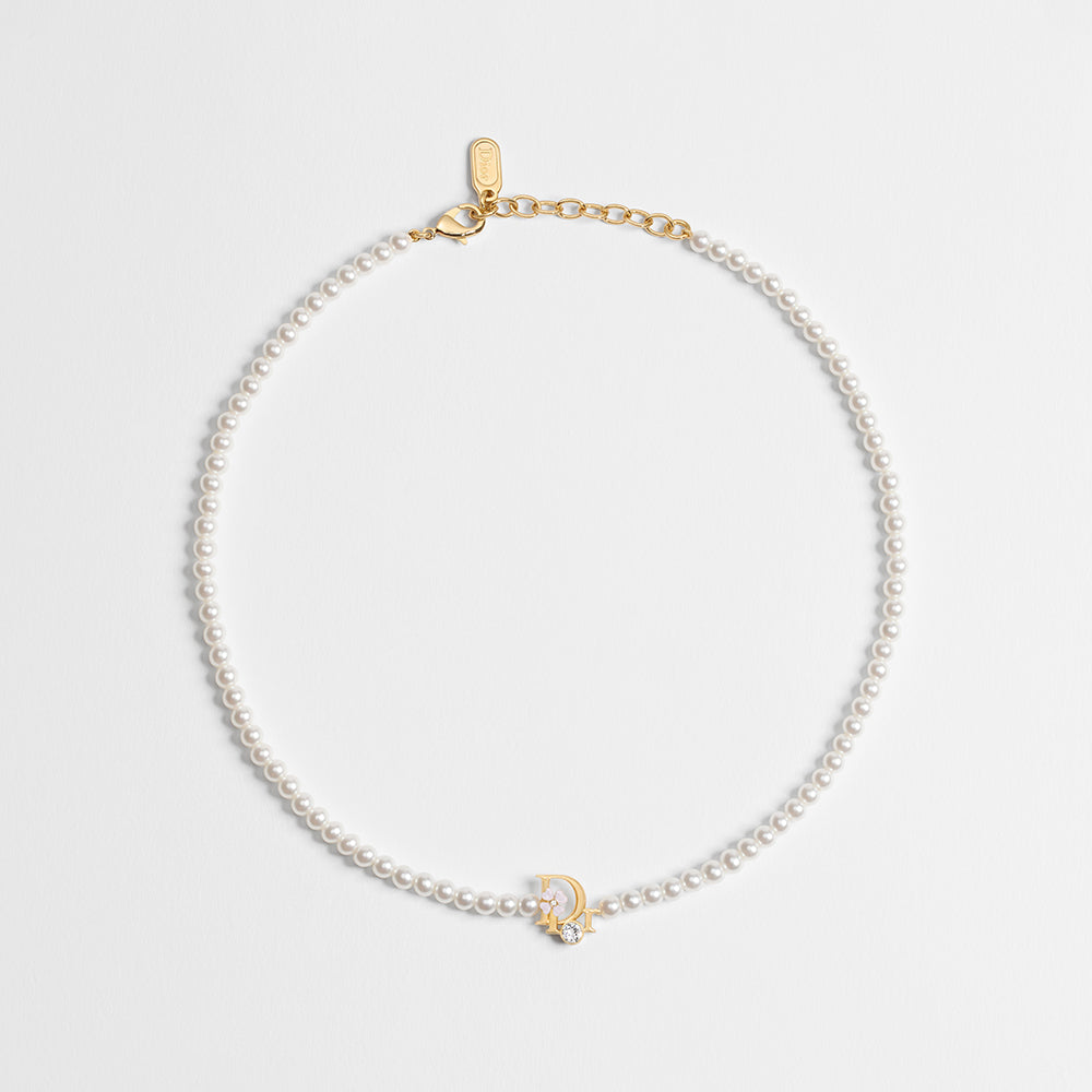 DIOR Dior Precious Clover Necklace Gold-Finish Metal White Resin Pearls Crystals and Pink Lacquer #394558