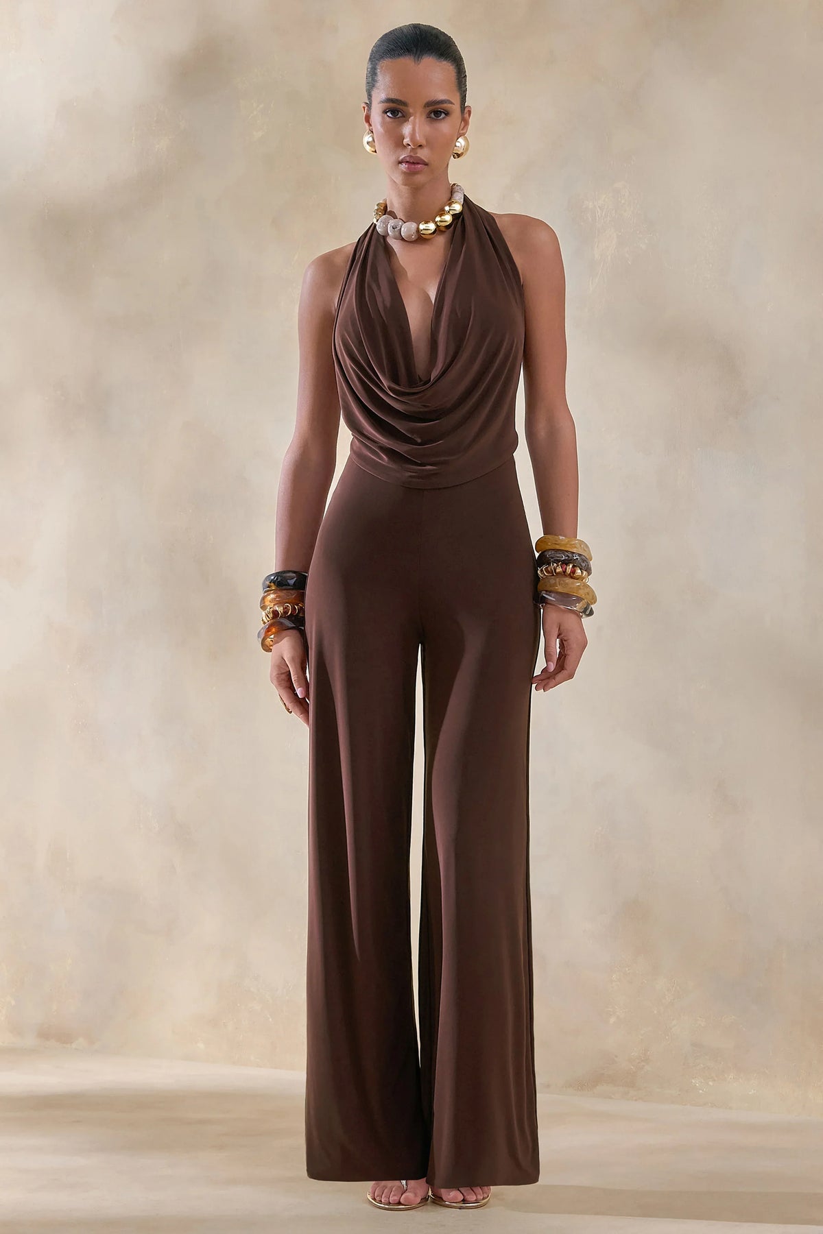 Clemence | Brown Plunge-Neck Jumpsuit
