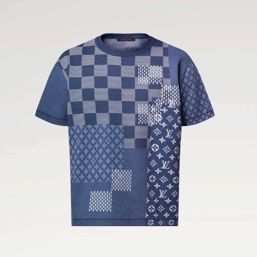 Louis Vuitton x  Men's Letter Print Plaid Knit Summer Crew Neck Short Sleeve Solid Color T-Shirt #81354