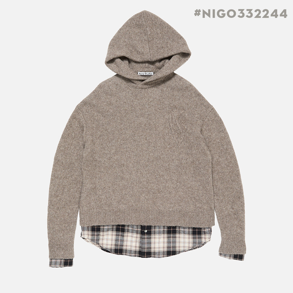 Acne Studios FW25 Women's Layered Wool Hoodie Beige Plaid Patchwork Sweater #332244