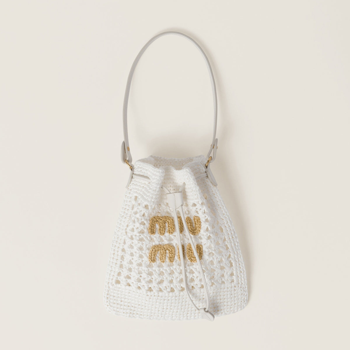 MiuMiu Women's Solid Color Embroidered Letter Logo Drawstring Closure Raffia Patch Leather Tote Shoulder Bag Bags #99777