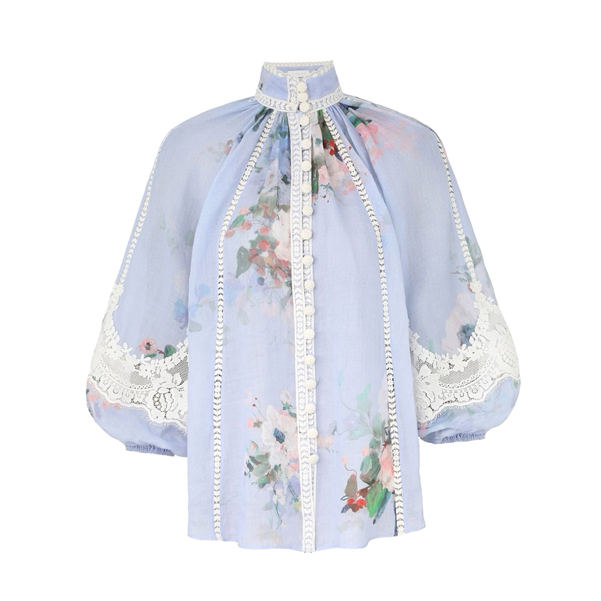 Zimmermann Women's Summer Floral Print Lace Trim Single Breasted Thin Long Sleeved Shirt And Casual Lace Shorts Set Suit #77434