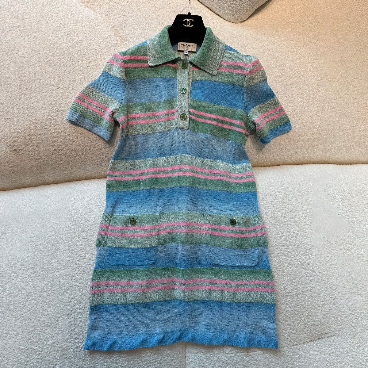 Chanel Women's Summer Striped Color-Blocked Double-Pocket Polo-Neck Long-Sleeve Knit Dress Ngvp #2516
