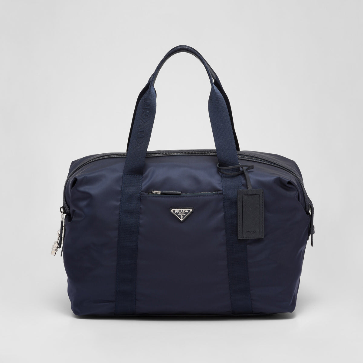 Prada Men's Blue Zipper Closure Solid Color Enameled Metal Triangle Logo Fabric Quilted Leather Tote Travel Bag Bags #74598