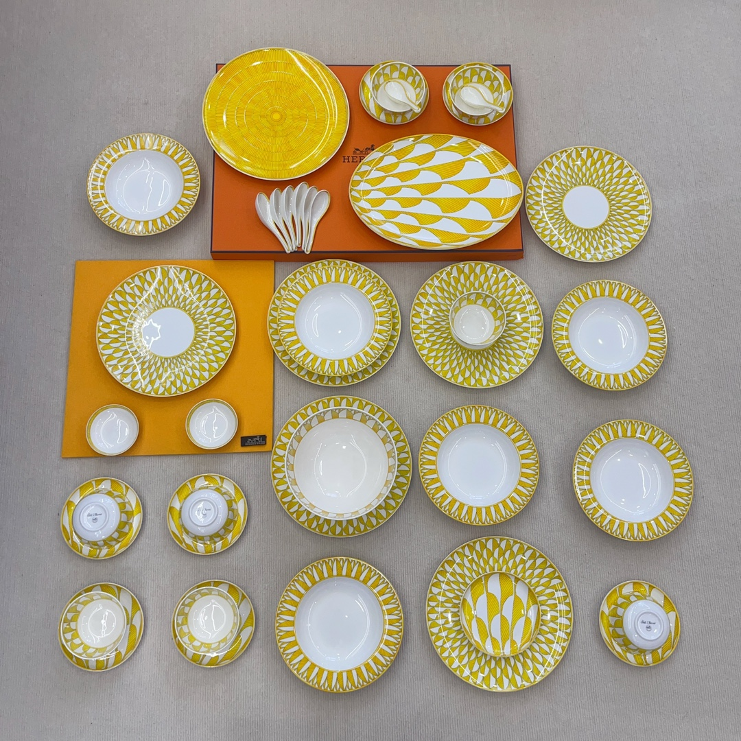Hermes Soleil D'Hermes Tableware Collection Ceramic Dinner Plate. Soup Bowl. Soup Spoon. Bone Dish. Fruit Plate Multi-Configuration Set Accessories #81281