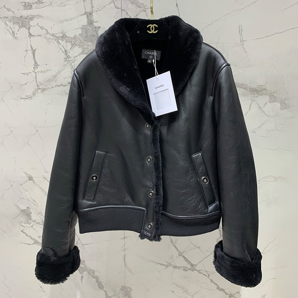 Chanel 25FW Tunic Jacket Reversible Shearling Black Merino Wool Women's Warm Retro Leather Jacket #332447