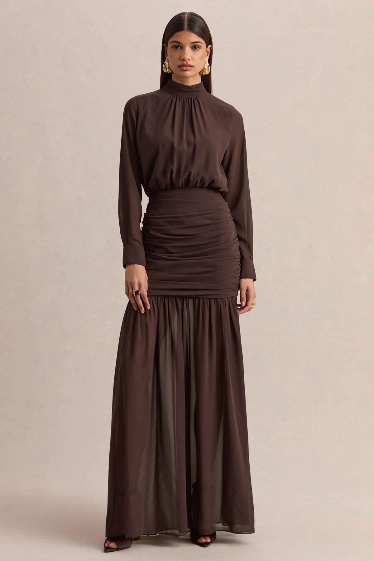 Zella | Brown High-Neck Maxi Dress With Sheer-Skirt