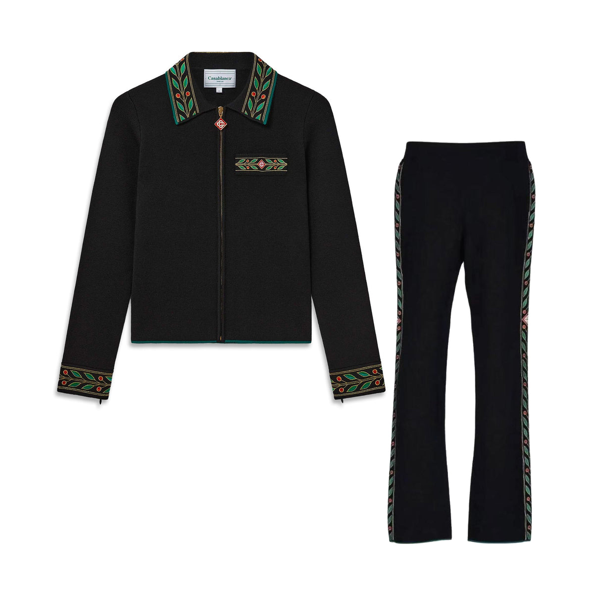 Casablanca Women's Spring/Autumn Solid Colour Embroidered Pattern Wool Zipper Long Sleeve Jacket and Casual Trousers Pants Set Suit #77129