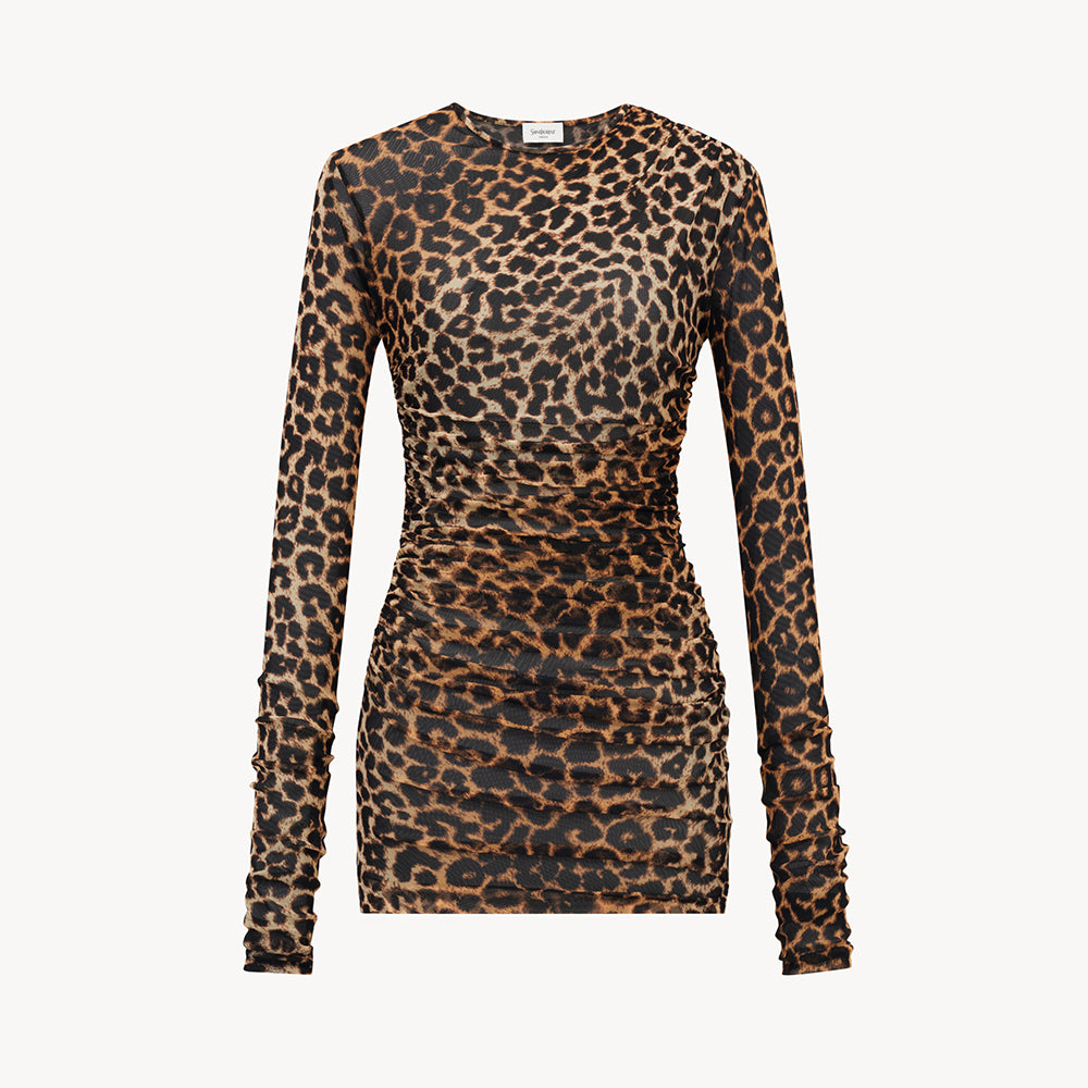 Saint Laurent Ruched Mini Dress in Leopard Tulle Jersey in Brown #334380