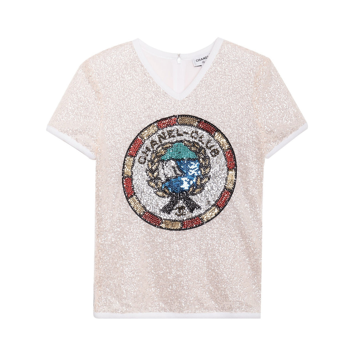 Chanel Women's Summer Sequins Geometric Pattern Solid Color Round Neck Short Sleeve T-Shirt #75461