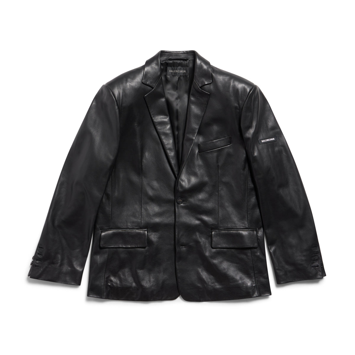Balenciaga Women's Fall/Winter Black Logo Labeled Single Breasted Regular Fit Long Sleeve Leather Jacket #74918