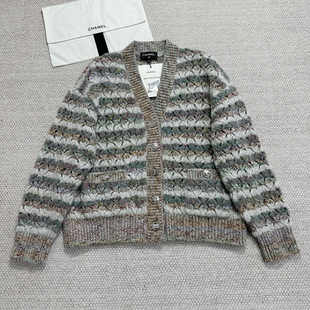 Chanel 25FW Multiple Color Block Cardigans Retro V-Neck Loose Contrast Striped Knitted Jacket #332368