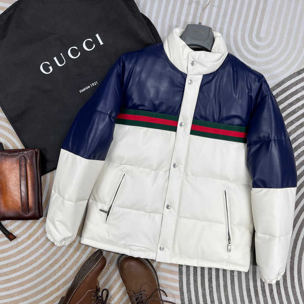Gucci Women's Autumn and Winter Clashing Stripes Decoration Long Sleeve Standing Collar Leather Puffer Down Jacket #74935